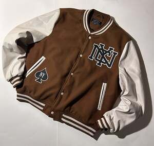 Urban Heritage Men's Brown and White Varsity Baseball Jacket with NY Spade Embro